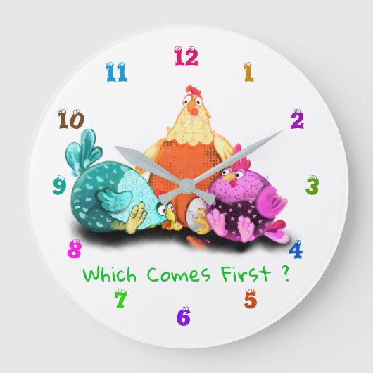 おもしろい時計 – 卵が孵るのを待つ鶏 ラージ壁時計 (正面)