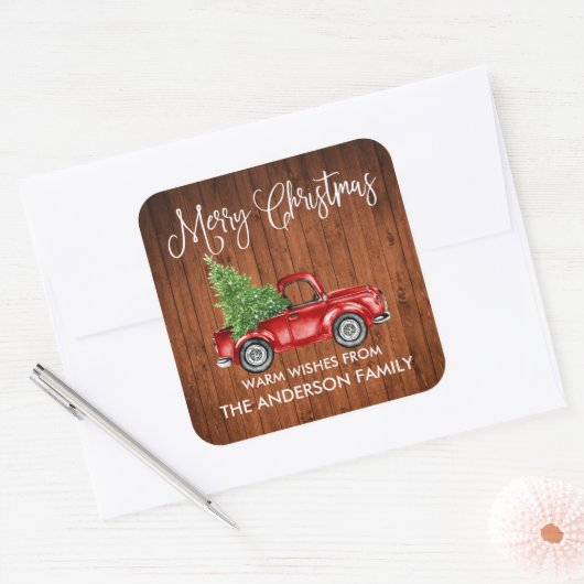 おもしろい書道クリスマスウッドヴィンテージトラック スクエアシール (封筒)