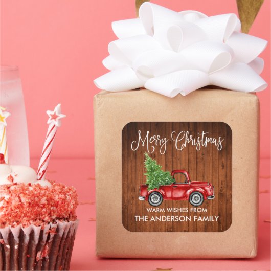 おもしろい書道クリスマスウッドヴィンテージトラック スクエアシール (パーティー)