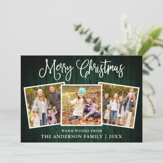 おもしろい書道クリスマスグリーン木材3写真 シーズンカード (スタンド正面)