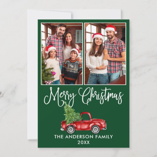 おもしろい書道クリスマスレッドトラック2フォトグリーン シーズンカード (正面)