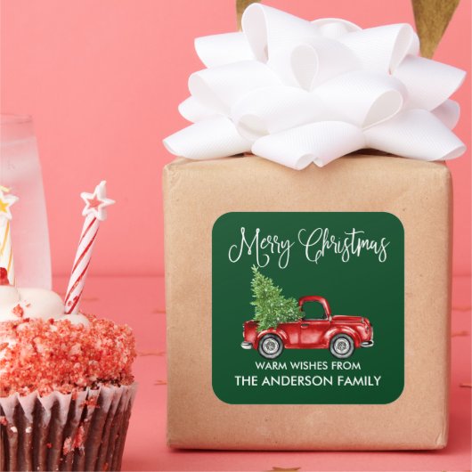 おもしろい書道クリスマスヴィンテージトラックグリーン スクエアシール (パーティー)