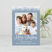 おもしろい書道クリスマス雪のトップフォトブルー シーズンカード (スタンド正面)