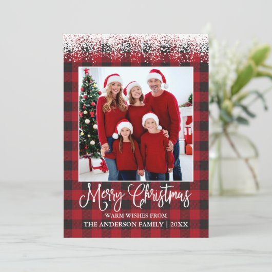 おもしろい書道クリスマス雪の上に写真の格子模様 シーズンカード (スタンド正面)