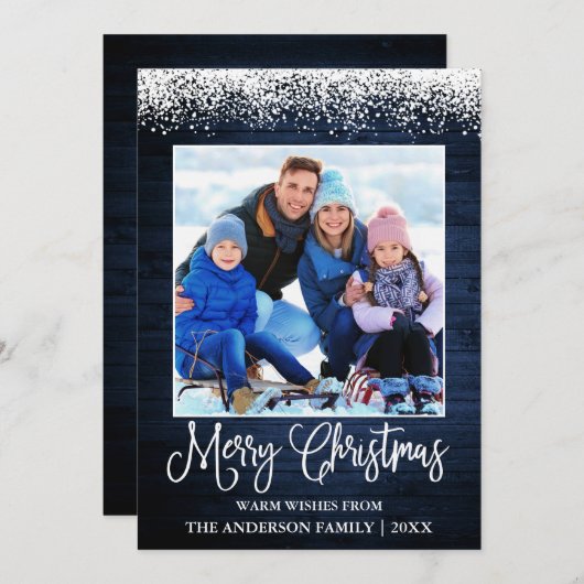 おもしろい書道クリスマス雪の上に青い木 シーズンカード (正面/裏面)