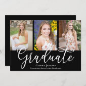 おもしろい書道フォトブラック卒業パーティー 招待状 (正面/裏面)