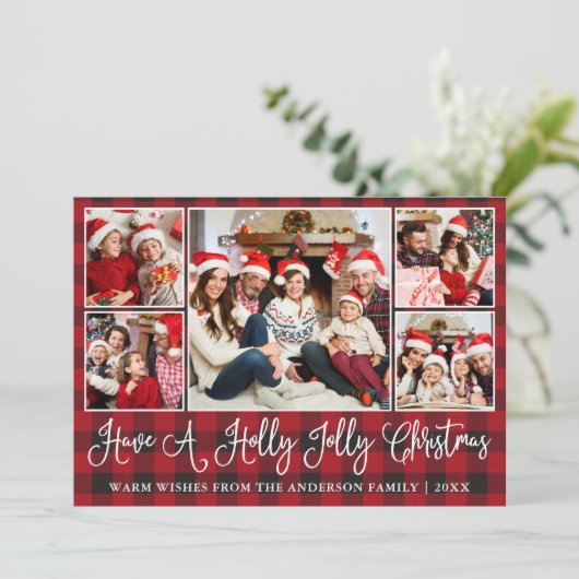 おもしろい書道ホリーすてきクリスマスレッドプレイド シーズンカード (スタンド正面)