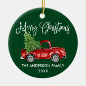 おもしろい書道ヴィンテージトラッククリスマスグリーン セラミックオーナメント (正面)