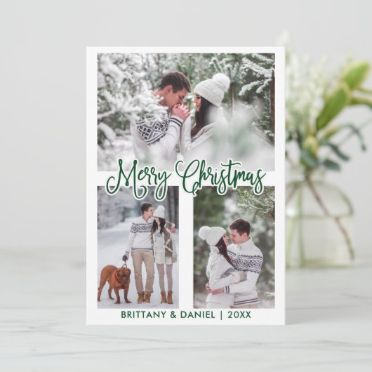 おもしろい書道3フォトカップルのクリスマスグリーン シーズンカード (スタンド正面)
