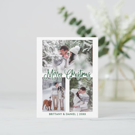 おもしろい書道3フォトカップルのクリスマスグリーン ポストカード (スタンド正面)