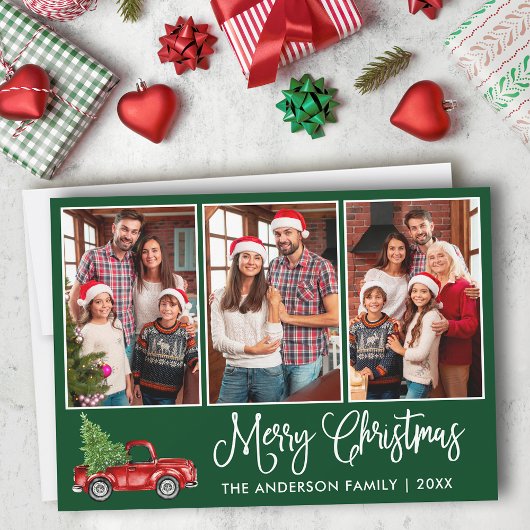 おもしろい書道3フォトグリーンクリスマスレッドトラック シーズンカード