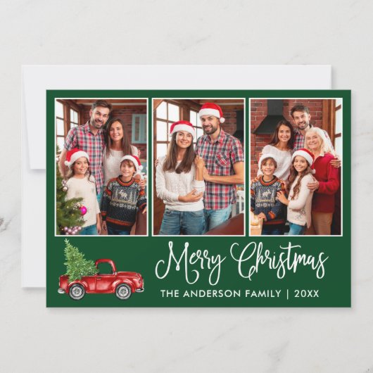 おもしろい書道3写真クリスマスレッドトラックグリーン シーズンカード (正面)