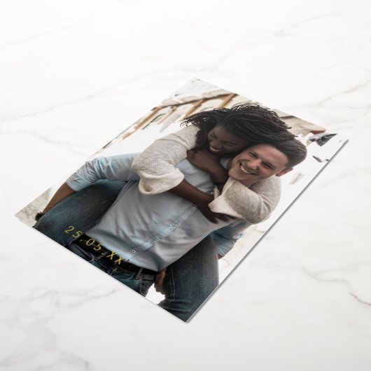 おもしろい最後に写真の結婚式の日付金ゴールドを保存 箔招待状 (回転した状態)