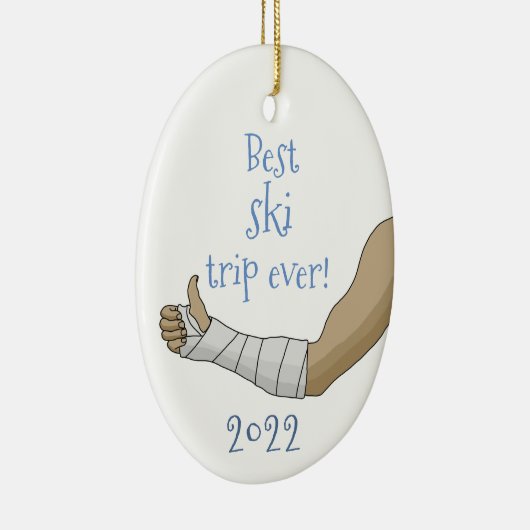 おもしろい最高のスキー旅行!ギプスの中で腕が折れる セラミックオーナメント (右)