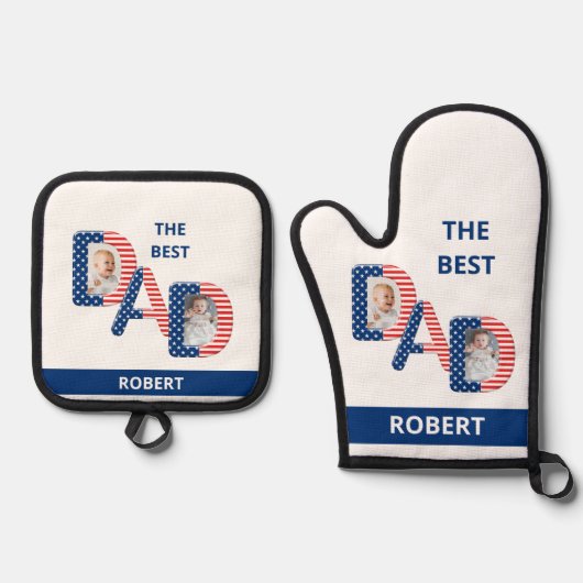 おもしろい最高のパパ2枚の写真名Red WhiteとBlue 鍋つかみ&鍋敷きセット (正面)
