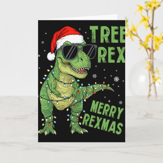 おもしろい木の恐竜のクリスマス サンタ帽 ライト カード (黄色い花)