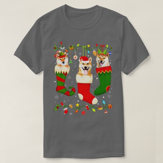 おもしろい柴犬ストッキングクリスマスライトソックスクリスマス Tシャツ (デザイン正面)