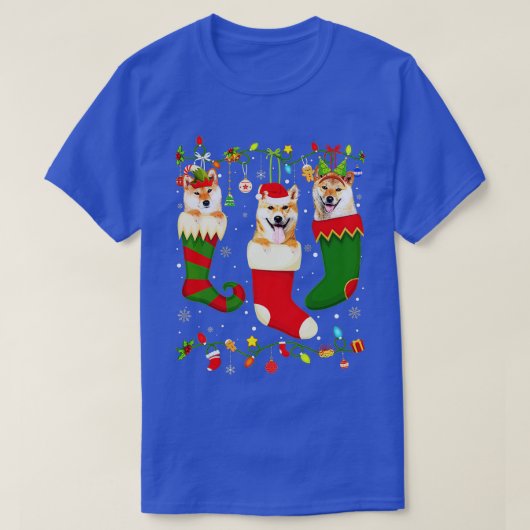おもしろい柴犬ストッキングクリスマスライトソックスクリスマス Tシャツ (デザイン正面)