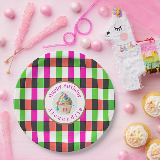 おもしろい格子模様ピンクと緑 | カップケーキ ペーパープレート (パーティー)