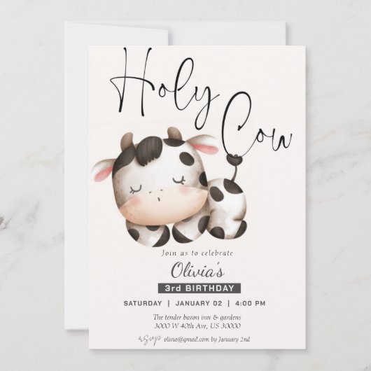 おもしろい歳も牛の男女兼用誕生日 招待状 (正面)