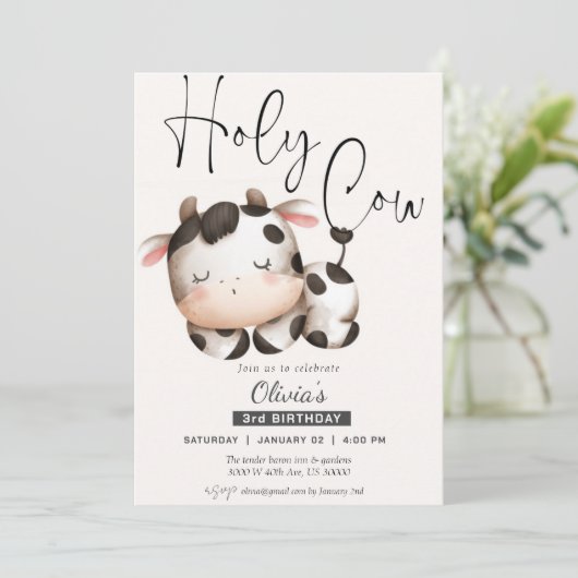 おもしろい歳も牛の男女兼用誕生日 招待状 (スタンド正面)