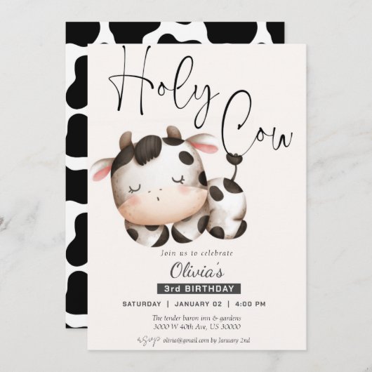 おもしろい歳も牛の男女兼用誕生日 招待状 (正面/裏面)