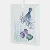 おもしろい水彩タコ魚水中シーン ガラスオーナメント (正面左)