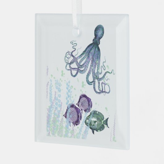 おもしろい水彩タコ魚水中シーン ガラスオーナメント (正面左)