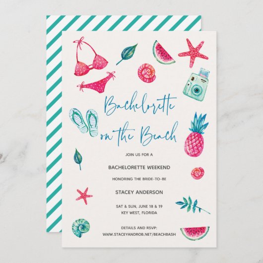 おもしろい水彩ビーチ先バチェロレッテ 招待状 (正面/裏面)