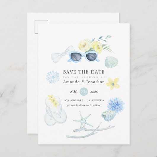 おもしろい水彩夏ビーチ結婚式保存日 案内ポストカード (正面/裏面)
