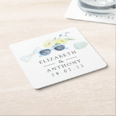 おもしろい水彩夏ビーチ結婚式 スクエアペーパーコースター (アングル)