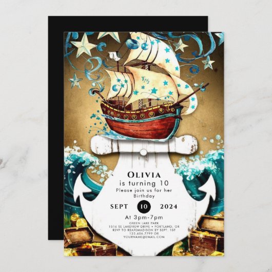 おもしろい水彩宝石海賊誕生日 招待状 (正面/裏面)