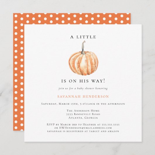 おもしろい水色カボチャのオレンジ色の赤ちゃんシャワー 招待状 (正面/裏面)