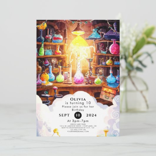 おもしろい水色編集可能サイエンティスト誕生日 招待状 (スタンド正面)