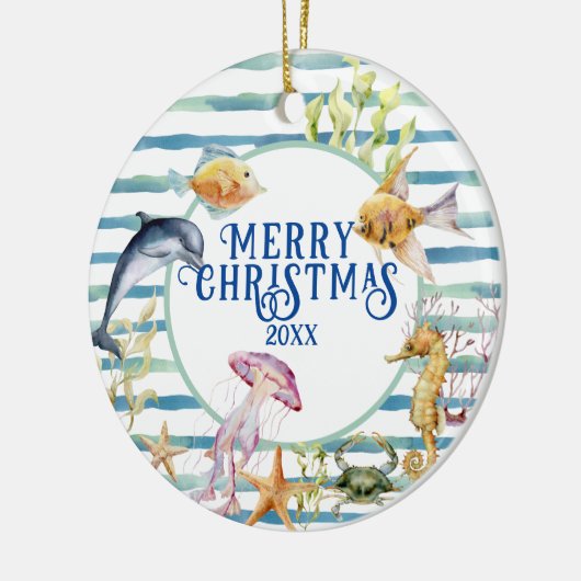 おもしろい沿岸ビーチテーマメリークリスマス、写真 セラミックオーナメント (左)