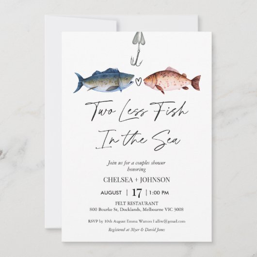 おもしろい海の中で2つの魚の少ないブライダルカップルのシャワー 招待状 (正面)