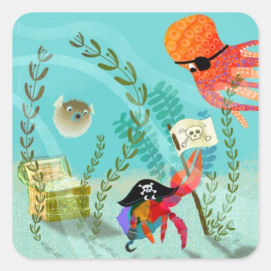 おもしろい海フレンズキッズパーティー紙プレート スクエアシール (正面)