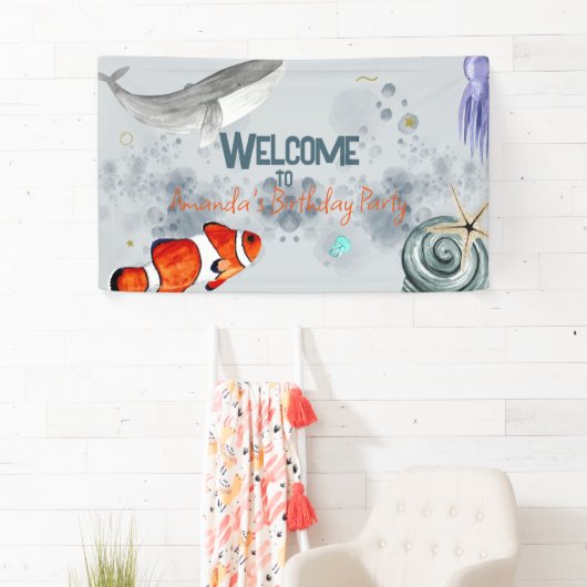 おもしろい海動物子供の誕生日パーティー青 横断幕 (インサイチュ)