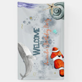 おもしろい海動物子供の誕生日パーティー青 横断幕 (縦)