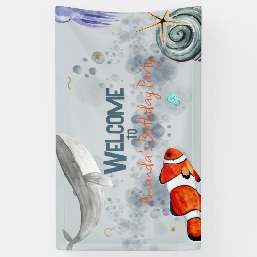 おもしろい海動物子供の誕生日パーティー青 横断幕 (縦)