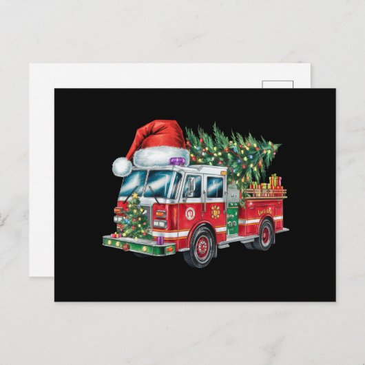 おもしろい消防車サンタハットクリスマスツリー灯 シーズンポストカード (正面/裏面)