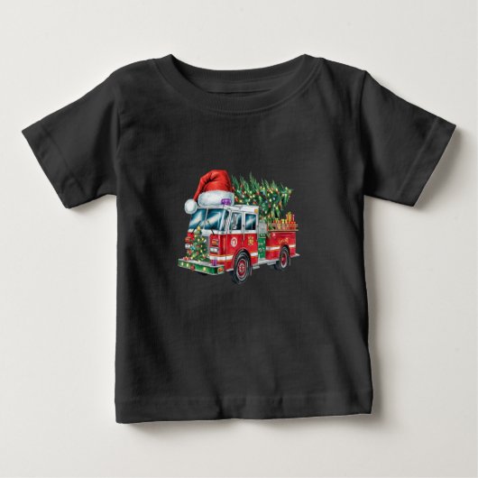 おもしろい消防車サンタハットクリスマスツリー灯 ベビーTシャツ (正面)