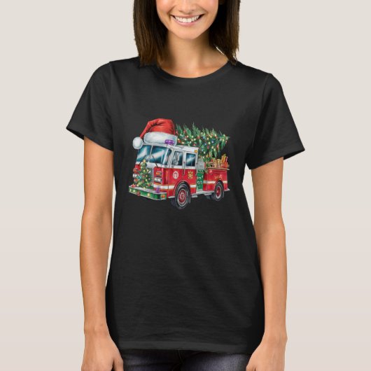 おもしろい消防車サンタハットクリスマスツリー灯 Tシャツ (正面)