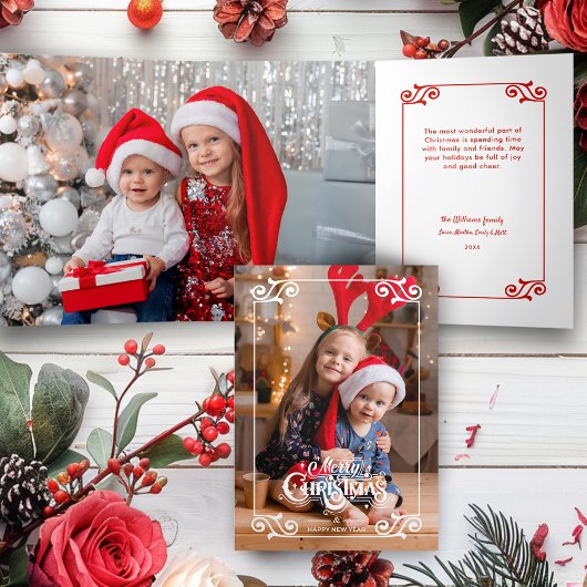 おもしろい渦巻形のス縁ど・メリー・クリスマス写真 三つ折りカード