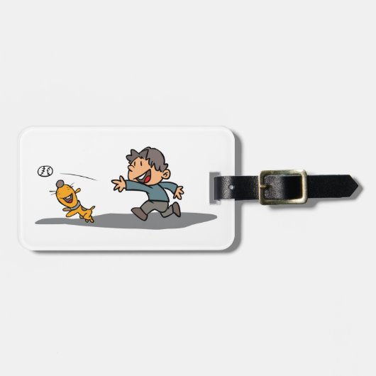 おもしろい漫画の少年と遊犬のフェッチ ラゲッジタグ (正面横)