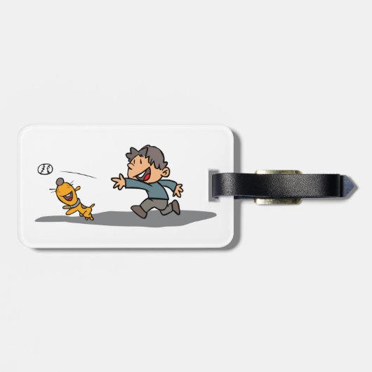 おもしろい漫画の少年と遊犬のフェッチ ラゲッジタグ (裏面横)