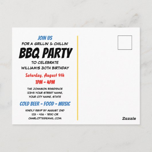 おもしろい漫画スタイルエイジバースデーパーティーBBQブルー ポストカード (裏面)