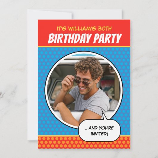 おもしろい漫画スタイルエイジバースデーパーティーBBQブルー 招待状 (正面)