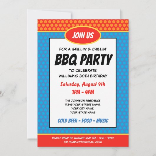 おもしろい漫画スタイルエイジバースデーパーティーBBQブルー 招待状 (裏面)