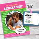 おもしろい漫画スタイルAny Age Birthday Party BBQピンク ポストカード<br><div class="desc">おもしろい漫画本スタイル誕生会はがき招待状!簡単は、前面と背面に自分の写真とカスタム文字でパーソナライズする。このカラフルカードは40歳の誕生日BBQパーティー用に設計されているが、すべての文字は他の大事な行事に合わせカスタマイズることができる！緑、ピンク、黄色、白はっきりした色のレトロスタイルデザイン。♦写真と文字を置き換えるには「このテンプレートをカスタマイズする」♦選択した単語を文字フィールドに入力する。♦写真クリックの横の「変更」を置き換える。♦便利なヒント：アップロードする前に写真を同様の正方形の形状に切り取り、正しく配置する。♦プロダク感謝していトのRodnae Productionsと一緒に配置の写真。</div>